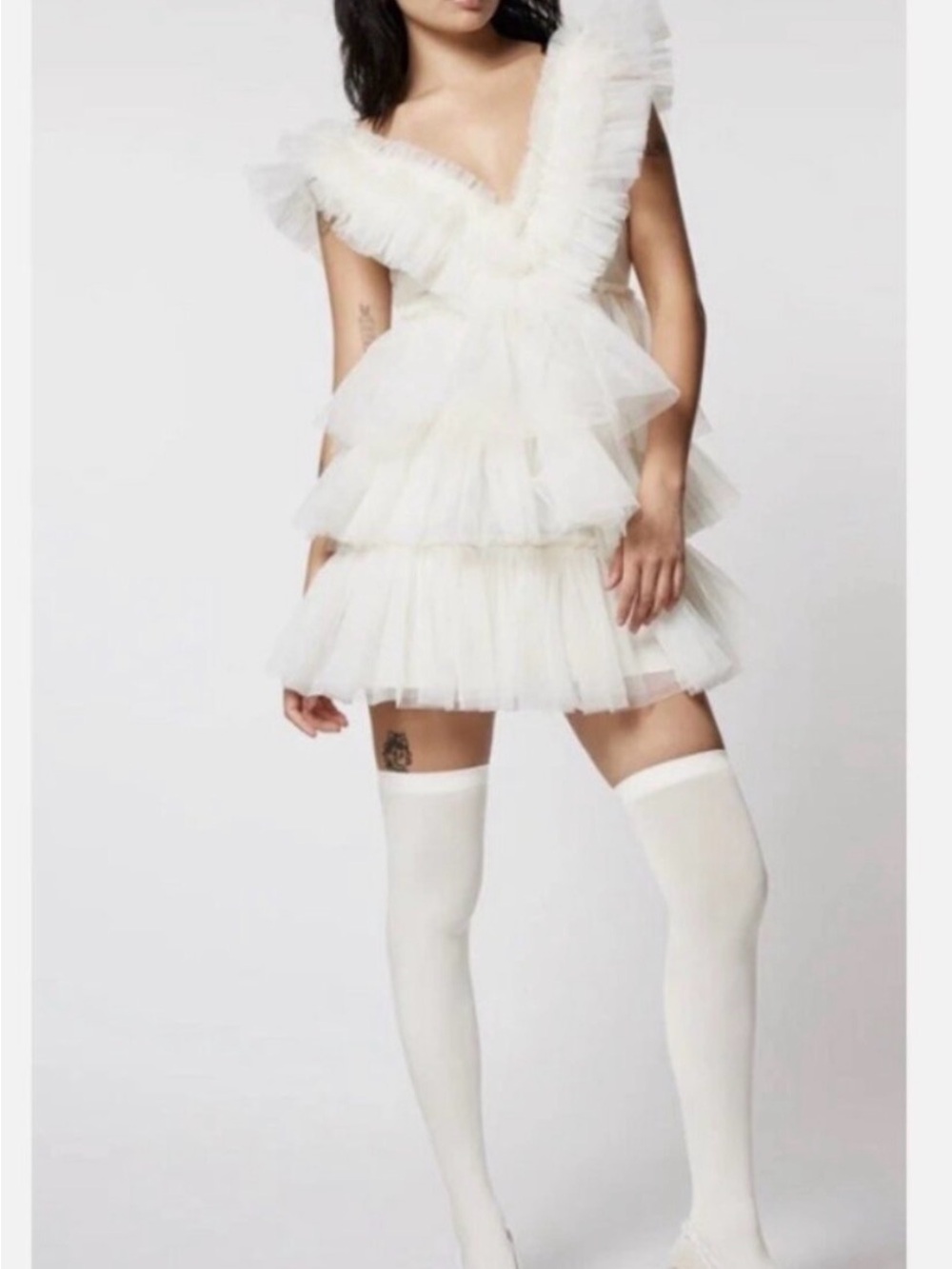Betsey Johnson White Tulle Ruffle V-Back Mini Dress